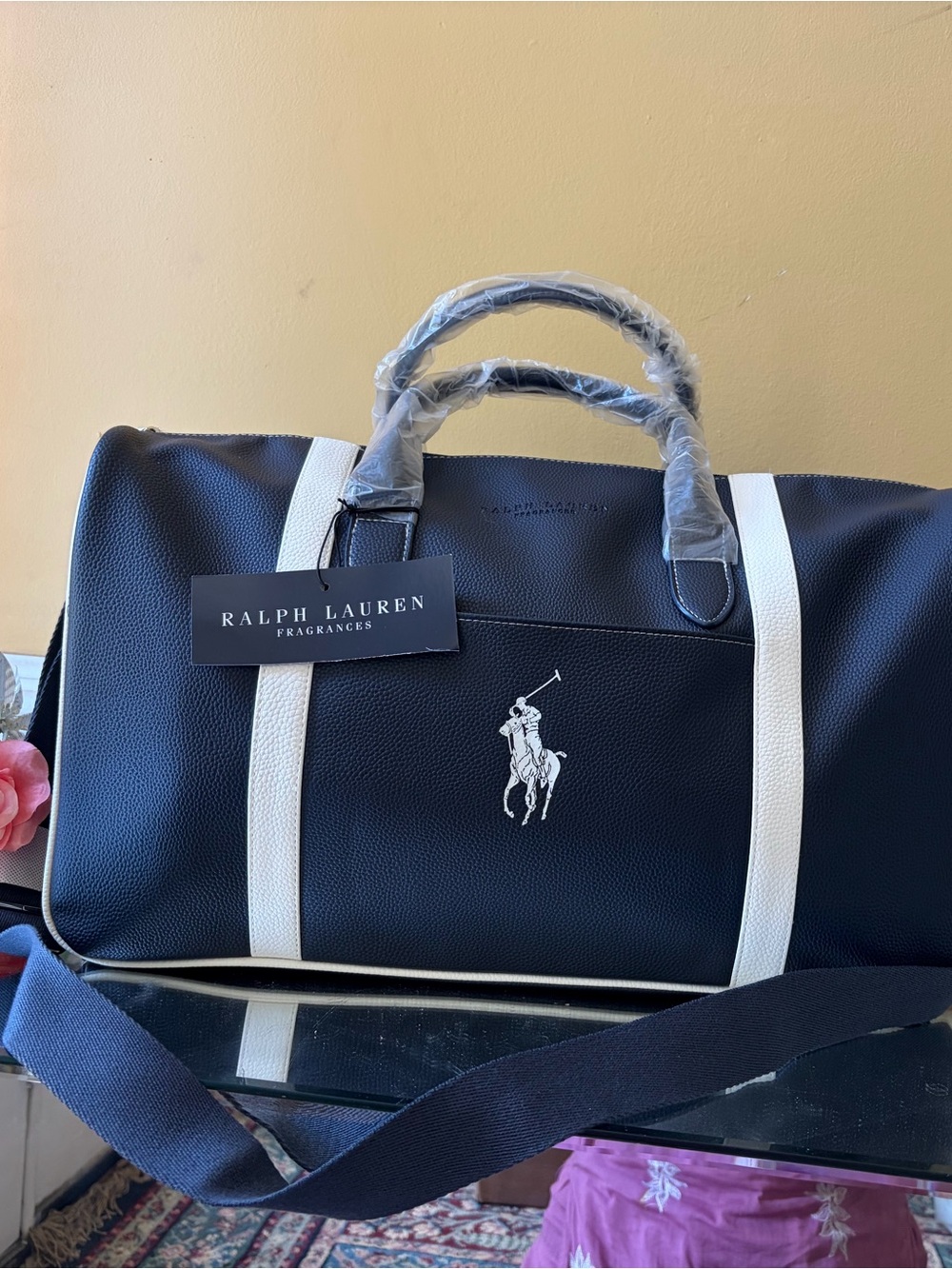 Ralph Lauren navy with white trim faux leather travel weekend duffel bag - Picture 2 of 11
